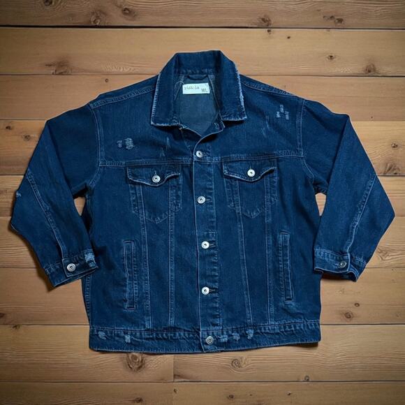 Pistola Premium Denim Jacket Mens Dark Wash Blue Distressed Trucker Retro Sz M/L - Picture 1 of 7